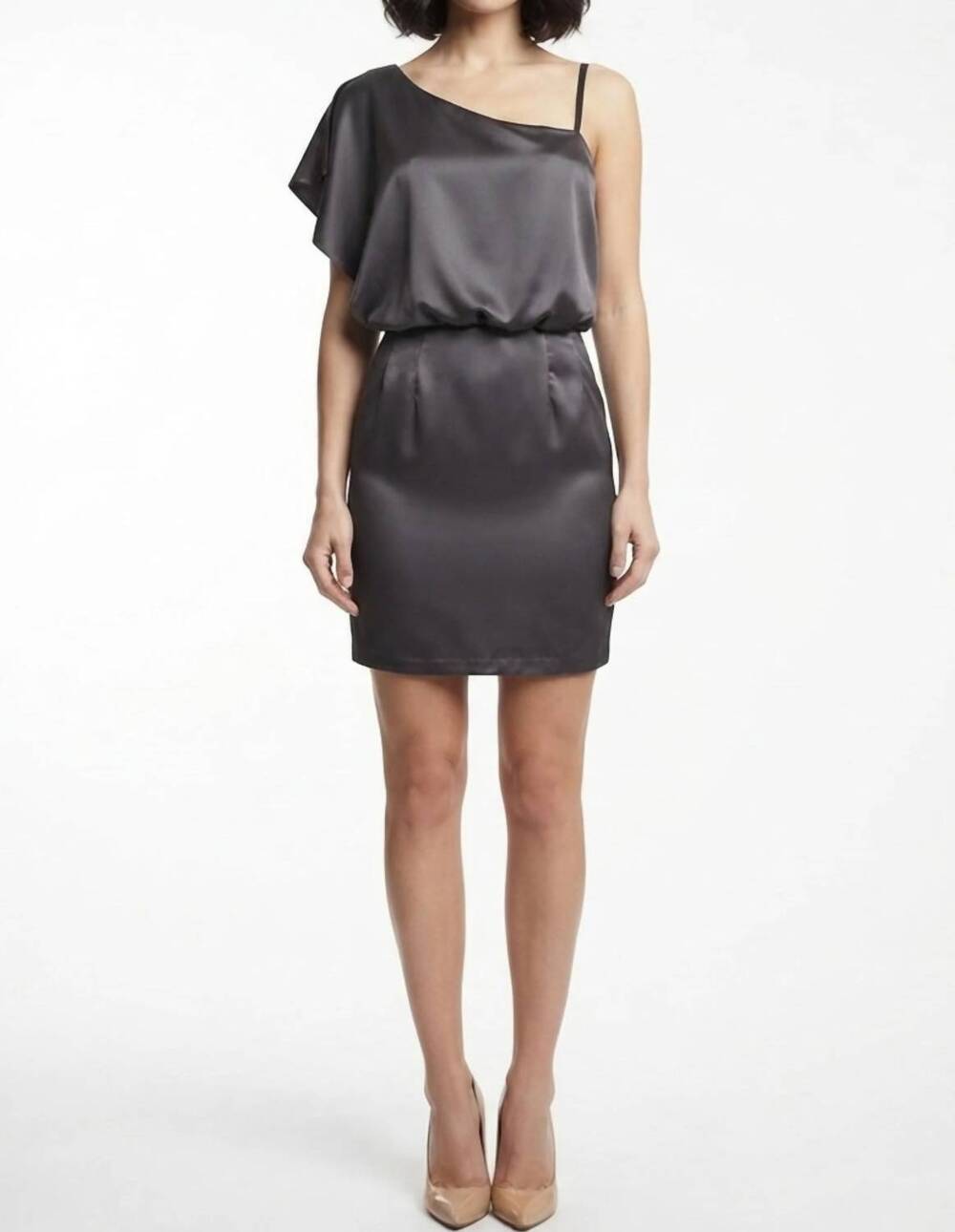 NEW JESSICA SIMPSON asymmetric one-shoulder satin mini dress in steel